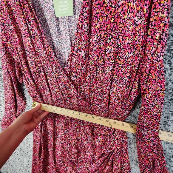 H&M Floral Faux Wrap Long Sleeve Dress Women Size XXL Pink Dark Floral Bloom NEW - Picture 4 of 10